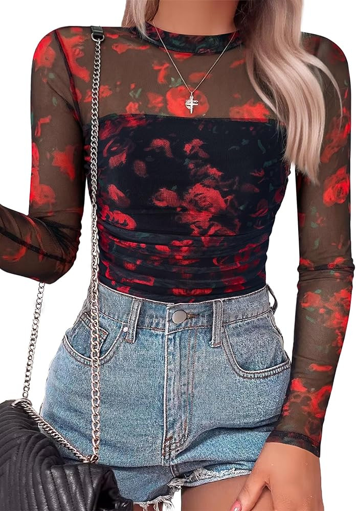 Amazon.com: SAUNGKUAI Women's Mesh Long Sleeve Bodysuit Mock Neck Ruched Sheer Thong Body Suits F... | Amazon (US)