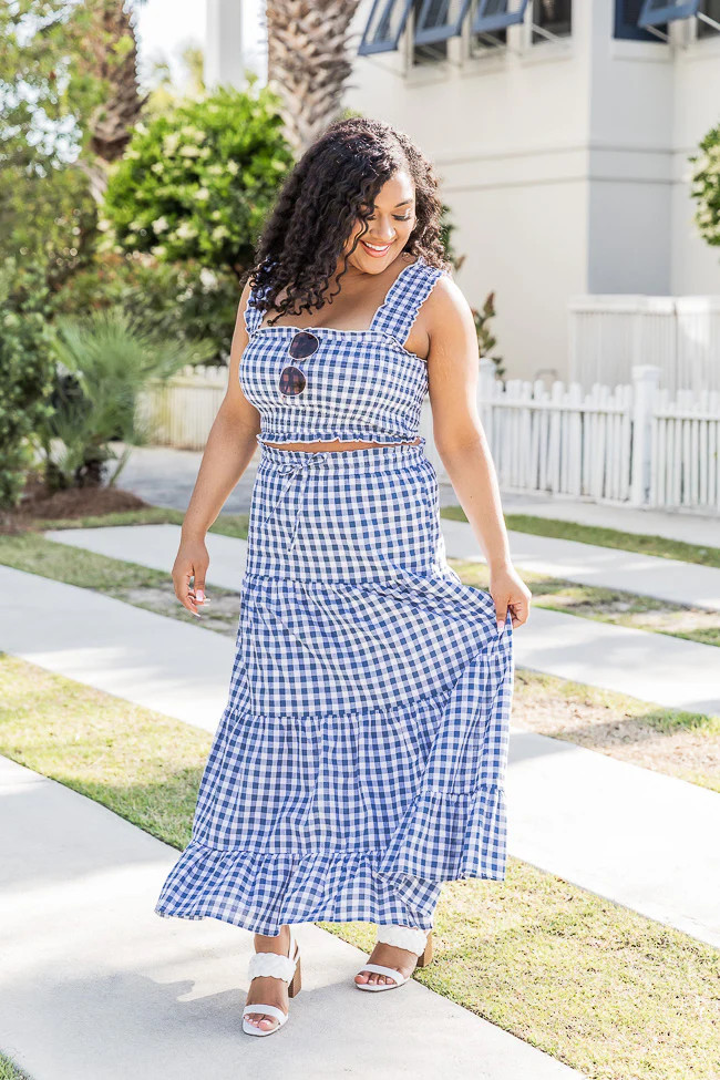 Sitting Parkside Navy Gingham Maxi Skirt | Pink Lily