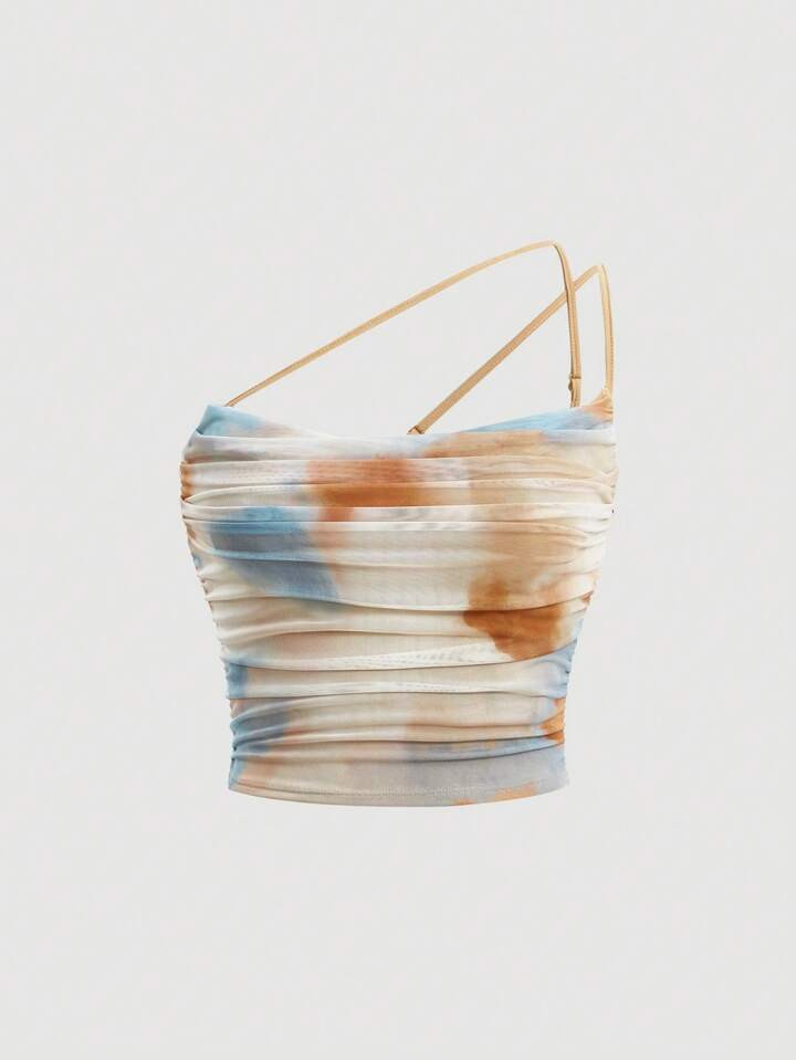 SHEIN MOD Tie Dye Ruched One Shoulder Asymmetric Strap Summer Crop Top | SHEIN