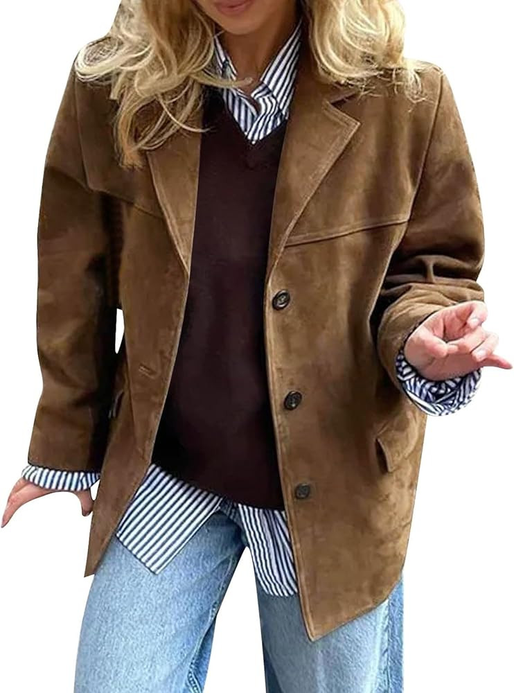 Suede Jackets for Women 2024 Brown Faux Leather Jacket Old Money Aesthetic Suede Blazer Y2K Outer... | Amazon (US)