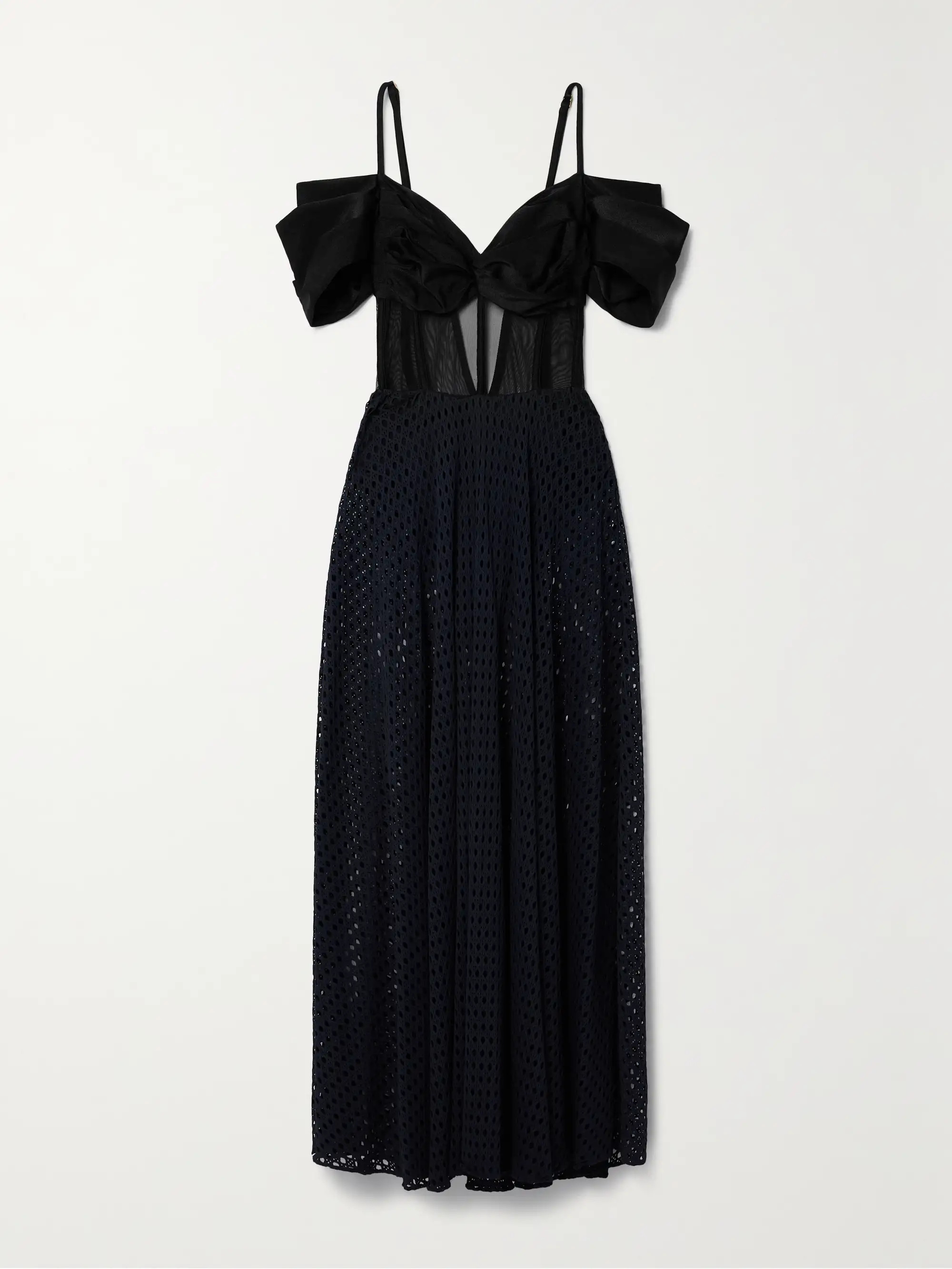 Cold-shoulder satin, mesh and crochet maxi dress | NET-A-PORTER (US)