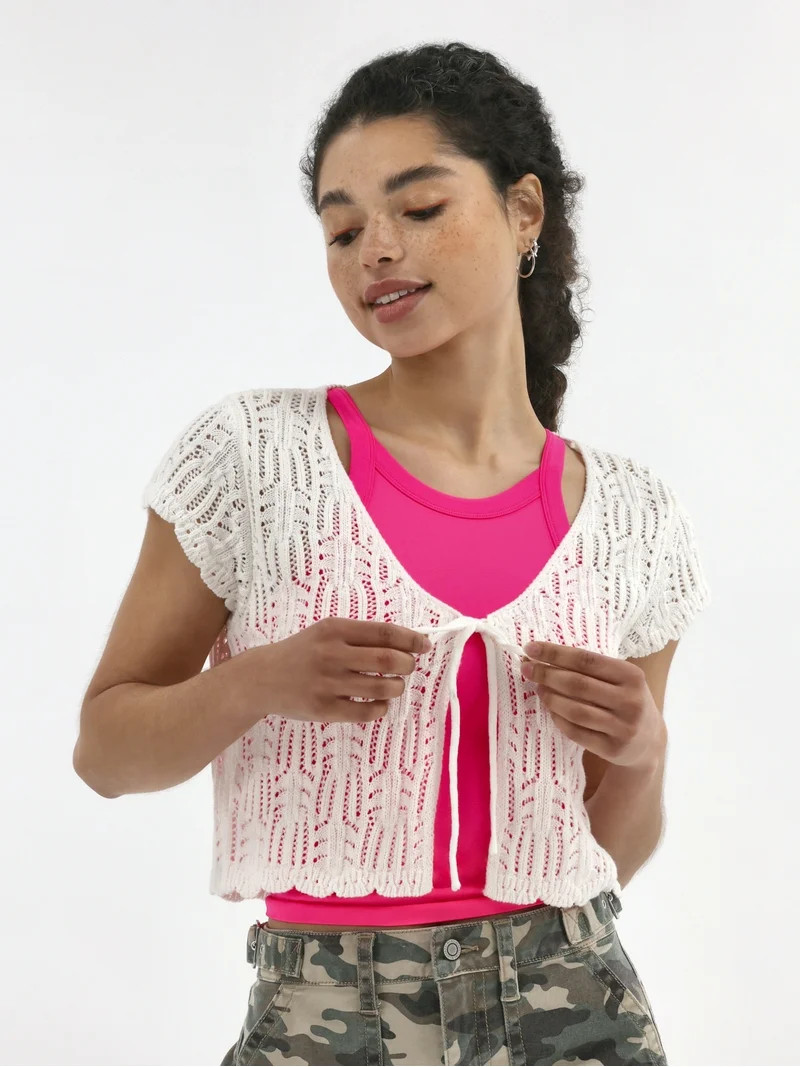 No Boundaries Crochet Cardigan Sweater with Short Sleeves, Lightweight, Women's | Walmart (US)