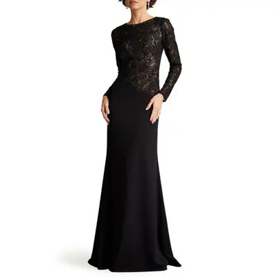 Tadashi Shoji Embroidered Lace Long Sleeve Gown in Black/Beige at Nordstrom, Size 16 | Nordstrom