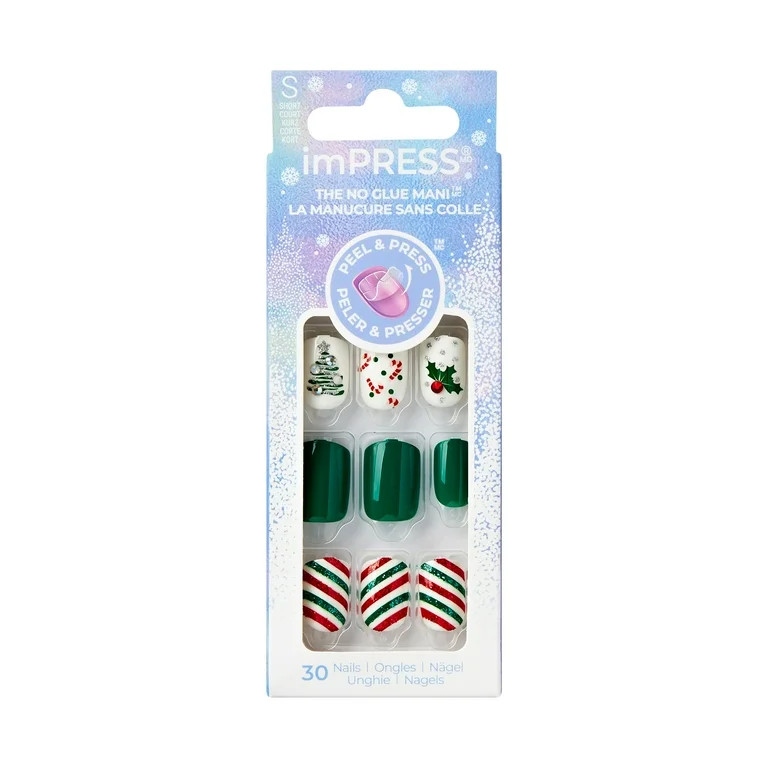 KISS imPRESS Holiday Press on Nails, Design, Tree-mendous, Green, Short Squoval, 30 Count | Walmart (US)