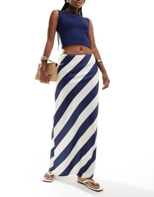 ASOS DESIGN satin bias maxi skirt in navy stripe | ASOS (Global)