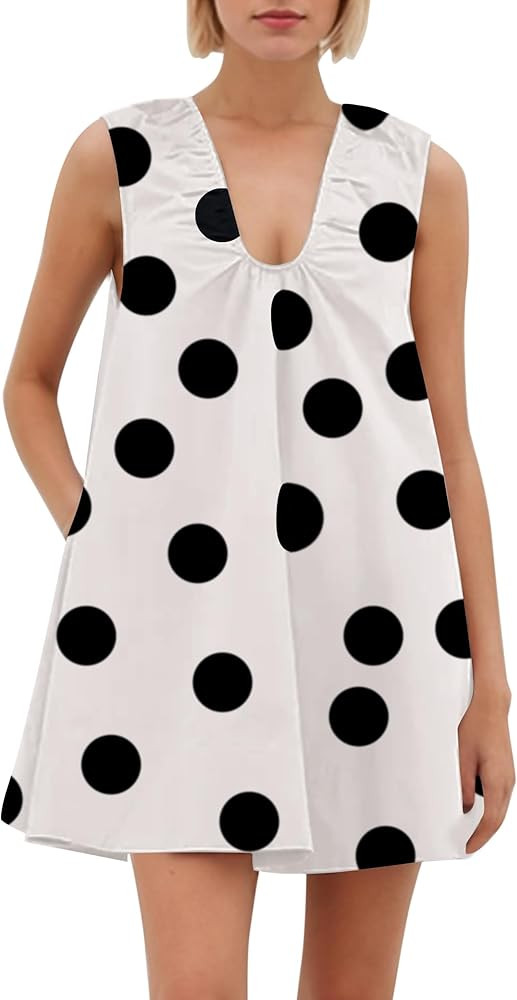 Womens Preppy Babydoll Tank Mini Dress Scoop Neck Short Sundress Loose Ruched U Neck Summer Party... | Amazon (US)