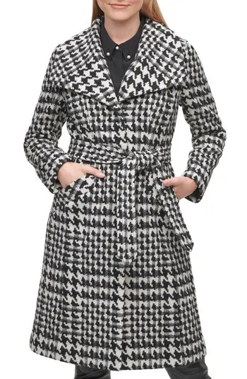 KARL LAGERFELD PARIS Puff Sleeve Belted Coat in Black/White at Nordstrom Rack, Size X-Small | Nordstrom Rack