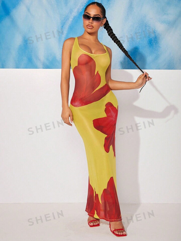 SHEIN SXY Zomer Bloemenprint Sexy Doorschijnend Jurken | SHEIN