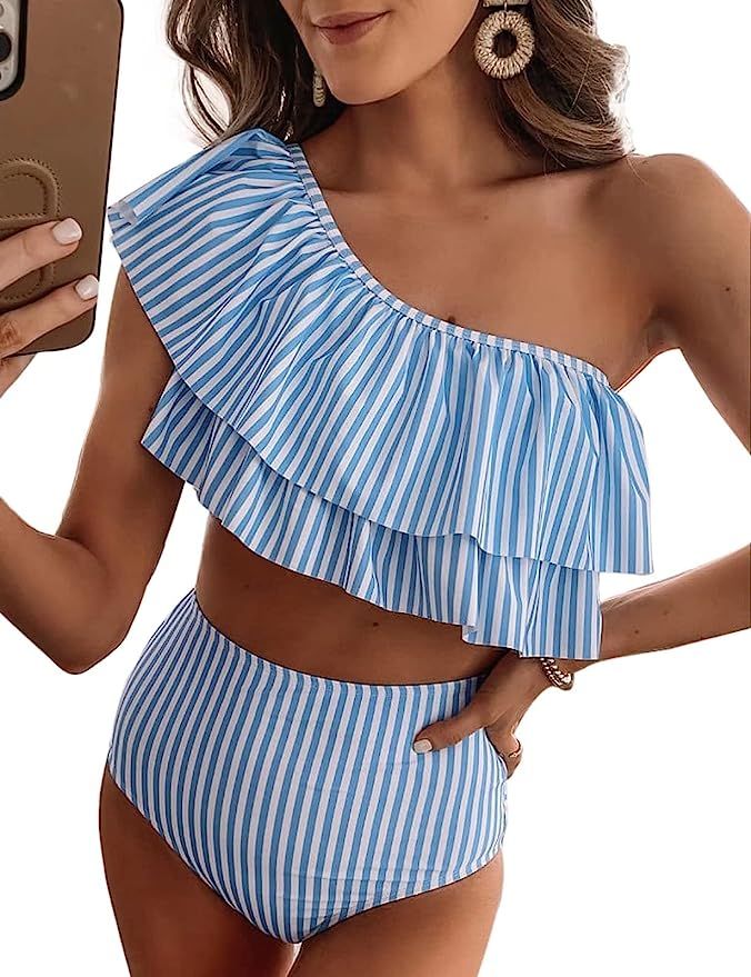 VIMPUNEC Ruffle One Shoulder Swimsuits for Women Cute High Waisted Two Piece Bathing Suits | Amazon (US)