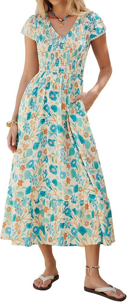 Kate Kasin Women Summer Floral Maxi Dresses 2026, V Neck Smocked Boho Sundress, Flowy Long Beach ... | Amazon (US)