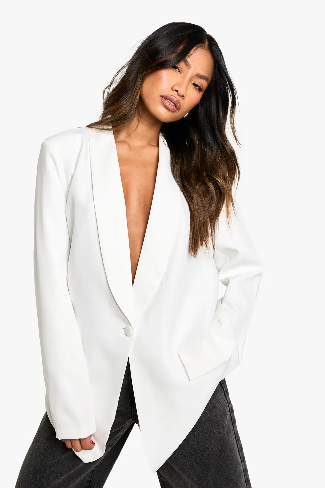 Ivory Shoulder Pad Plunge Oversized Blazer | Boohoo USA | boohoo (US & Canada)