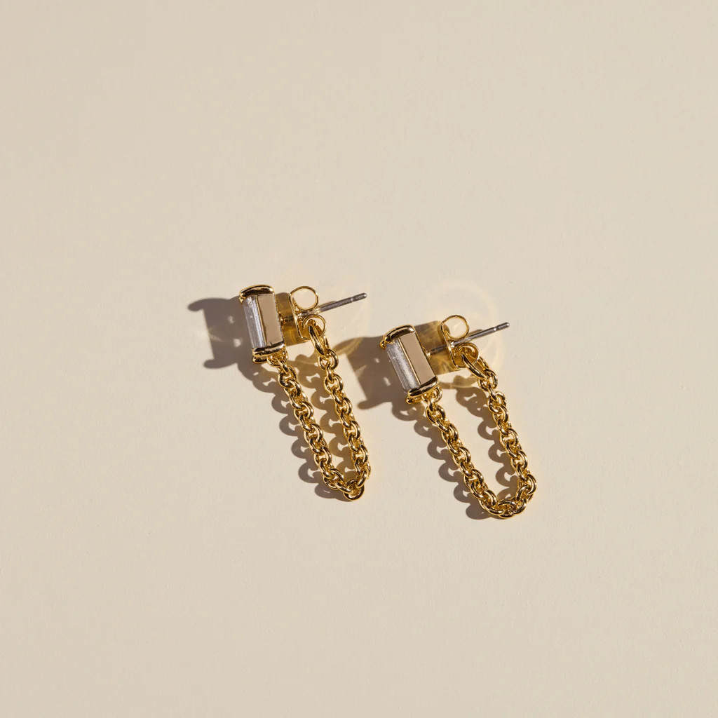 Classic Baguette Chain Drop Studs | Nickel and Suede