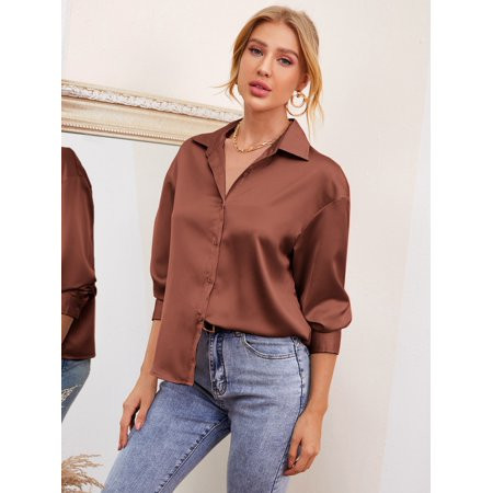 Women s Drop Shoulder Solid Satin Blouse 2022 L(8/10) Rust Brown Elegant F046D | Walmart (US)