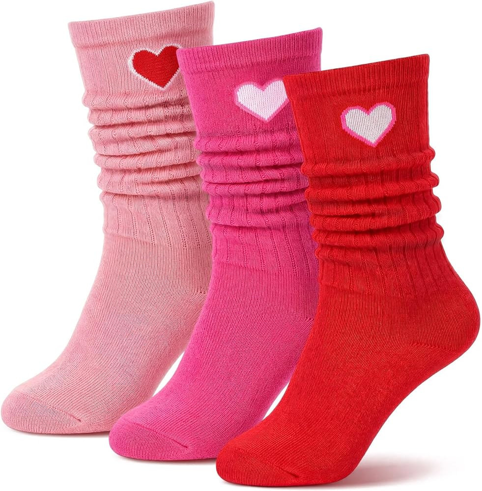 3 Psirs Valentines Day Gifts for Slouch Socks Woman, Heart Scrunch Socks Knit Mid Calf Tube Galen... | Amazon (US)