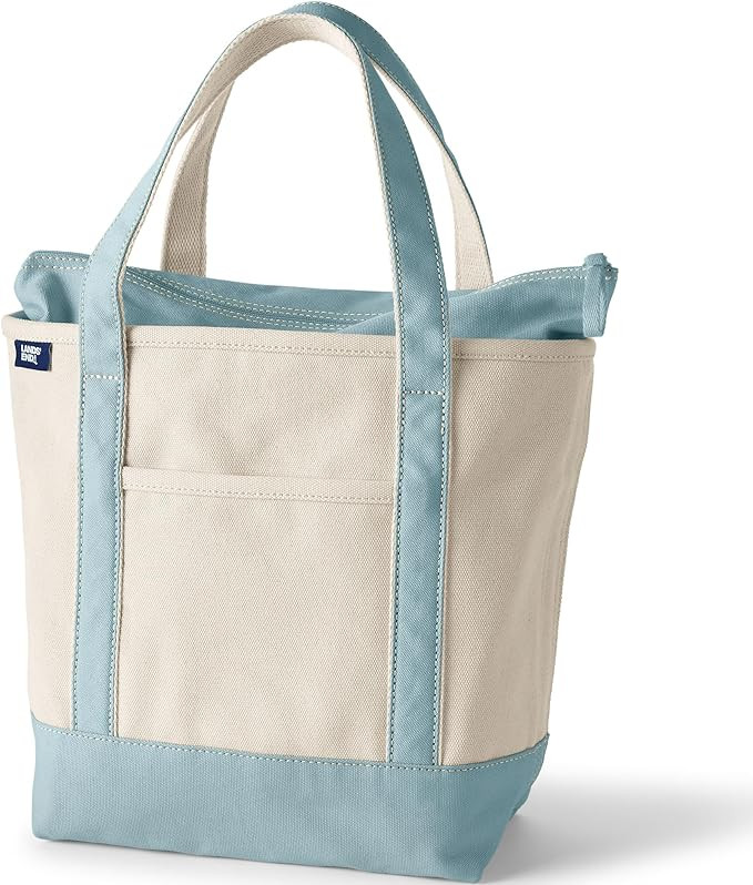 Lands' End Natural Zip Top Canvas Tote Bag Natural/pale Teal Medium Regular Handle | Amazon (US)