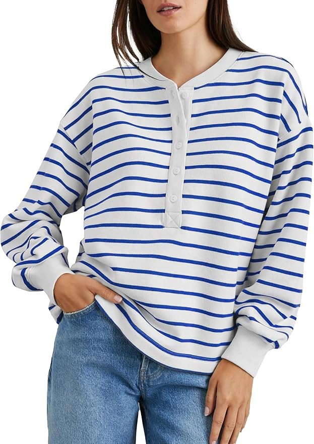 Women's Striped Oversized Sweatshirt Half Button Pullover Tops Long Sleeve Shirts Loose Drop Shou... | Amazon (US)