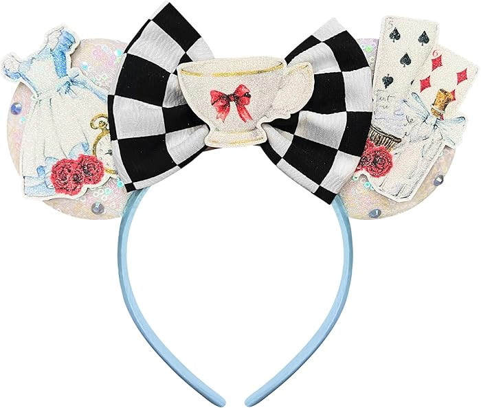 Mouse Ears Headband for Women Adult, Checkered Pattern Princess Hairband with Beads Sequin Ears | Amazon (US)