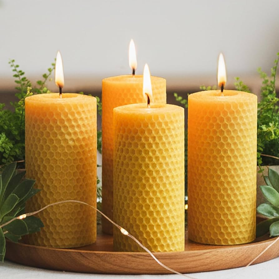 4 Packs 3x6 Inch Beeswax Candles, Large Honeycomb Beeswax Pillar Candles, 45 Hours Burn Time, Nat... | Amazon (US)