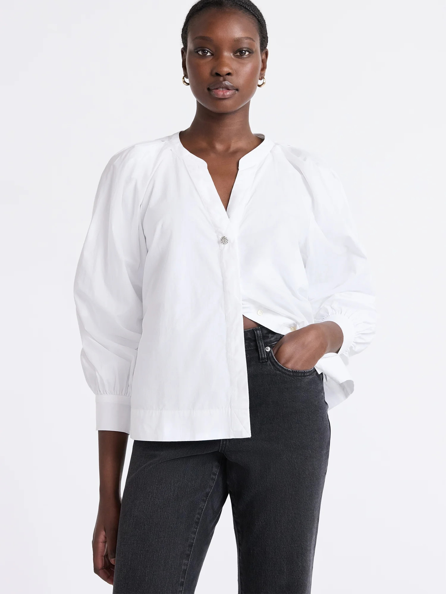 Free Assembly Women's and Women's Plus Cotton Pleat Neck Shirt with Long Sleeves, Sizes XS-4X | Walmart (US)