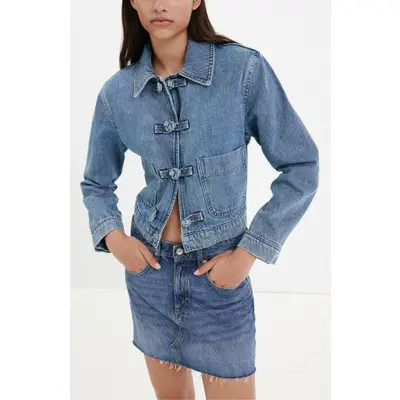 MANGO Toggle Crop Denim Jacket in Medium Blue at Nordstrom, Size Large | Nordstrom
