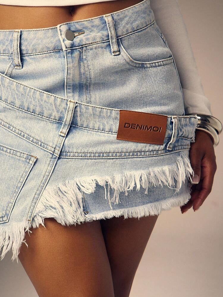 Denimoi Women's Casual Fashion Street Chic Raw Edge Denim Mini Skirt, Summer | SHEIN
