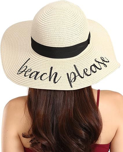 Floppy Beach Sun Hat for Women - Vacation, Honeymoon Embroidered Straw Hat - Big, Foldable, Large... | Amazon (US)