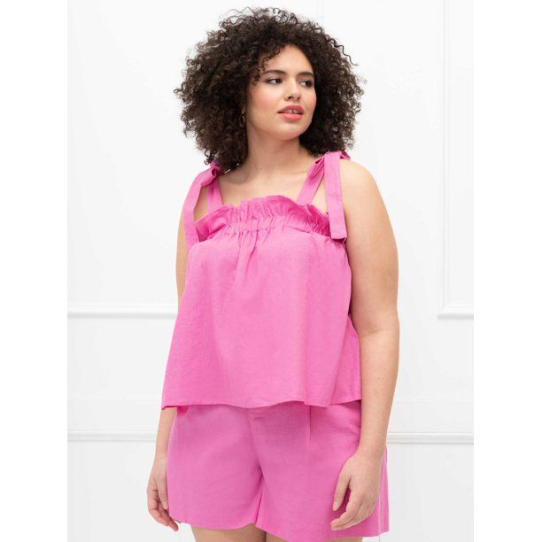 ELOQUII Elements Women's Plus Size Tie-Shoulder Linen Tank Top | Walmart (US)