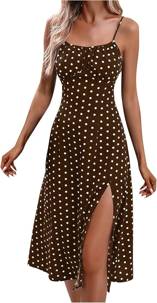 Spaghetti Strap Dresses for Women 2025 Polka Dot Midi Dress Sleeveless Slit Summer Sundress Beach... | Amazon (US)