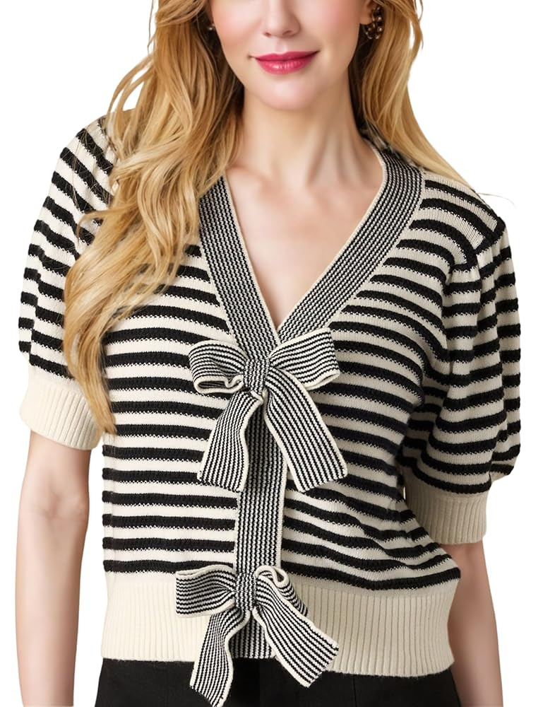 InterNos Womens Bow Front Short Sleeves Sweater Classic Striped V Neck Cropped Knit Pullover Tops | Amazon (US)