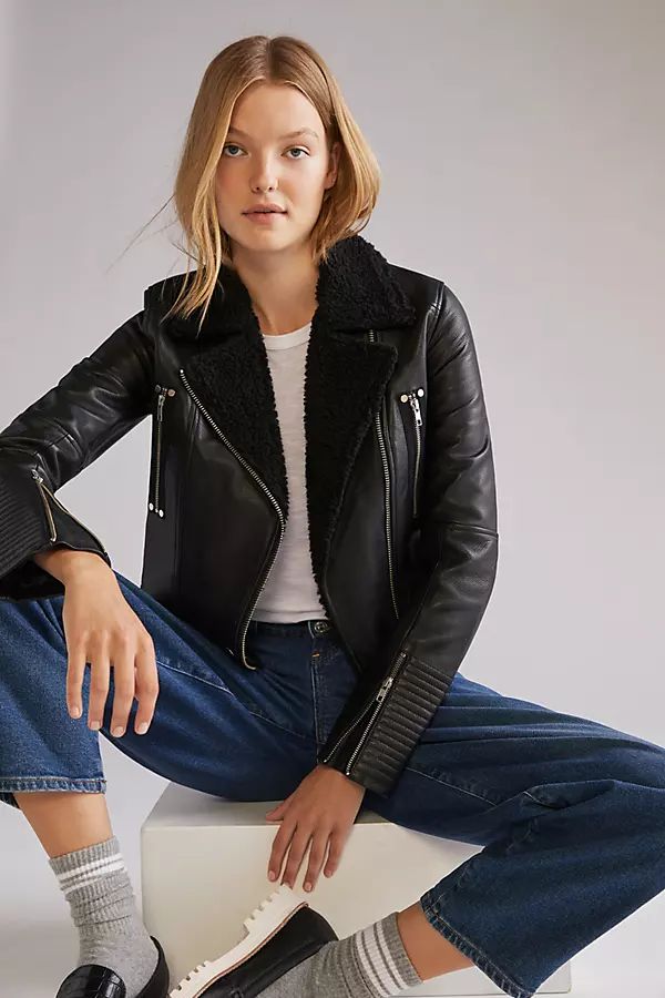 Paige Rooney Sherpa-Trimmed Leather Moto Jacket By Paige in Black Size L | Anthropologie (US)