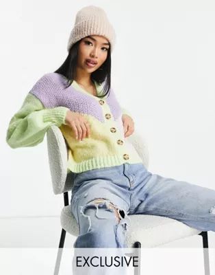 Pieces exclusive color block cardigan in lilac & lime | ASOS (Global)