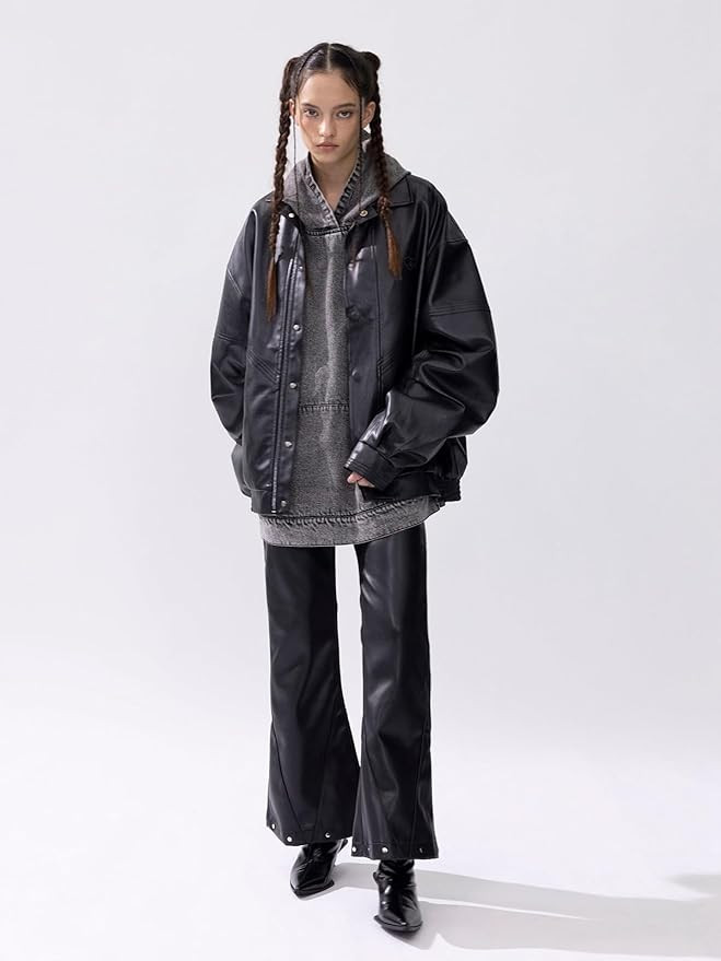 Aelfric Eden Womens Leather Jacket Oversized Y2k Faux Motorcycle Bomber Moto Biker Jackets Coats | Amazon (US)