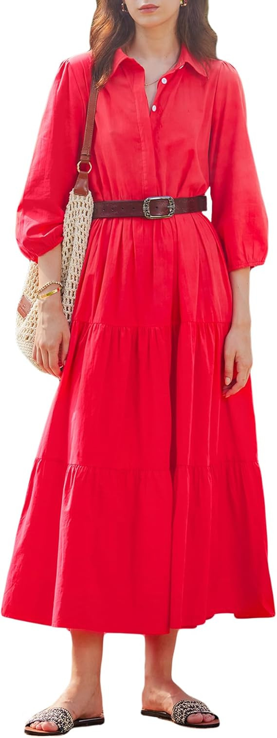 Maxi Shirt Dress, Casual Button Down V Neck Ruffled Long Dresses | Amazon (US)