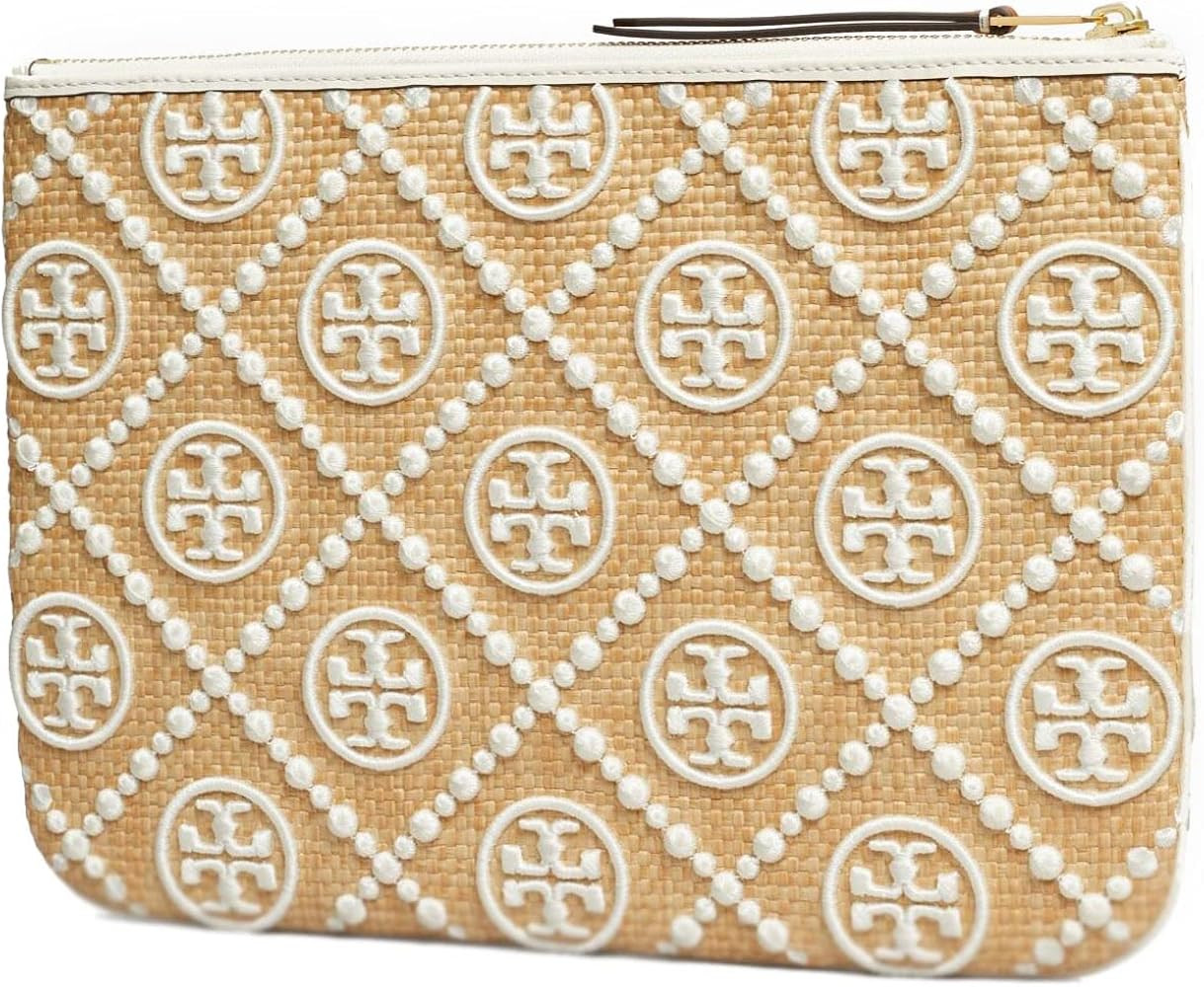 Tory Burch Women's T Monogram Embroidered Straw Pouch (New Ivory) | Amazon (US)