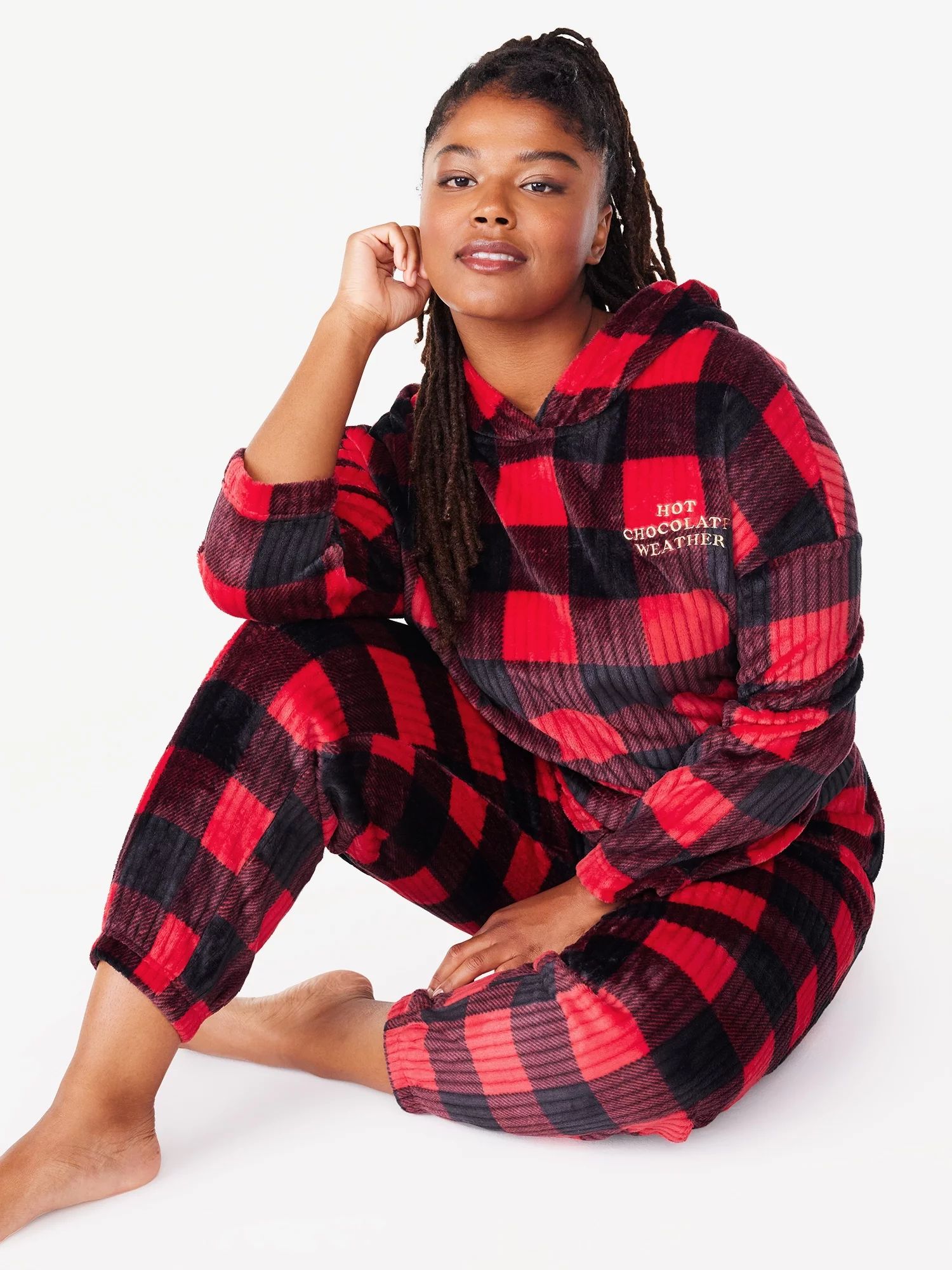 Joyspun Women’s Plush Hooded Top and Pants, 2-Piece Pajama Set, Sizes XS to 3X - Walmart.com | Walmart (US)