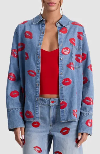 ALICE + OLIVIA Kiss Print Denim Shirt Jacket in Denver Bright Blue at Nordstrom Rack, Size Medium | Nordstrom Rack