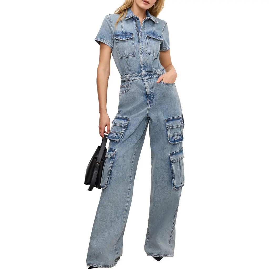 Good American Fit For Success Denim Wide Leg Cargo Jumpsuit in Indigo762 at Nordstrom Rack, Size Medium | Nordstrom Rack