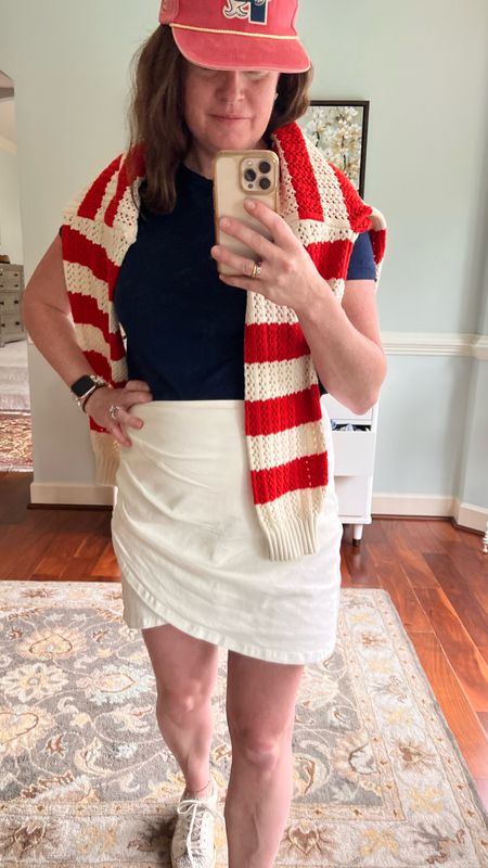 Happy Memorial Day week end. Great look for the summer holidays. USA red white and blue ootd. Comfy skirt and shirt. Striped sweater  

#LTKOver40 #LTKParties #LTKSeasonal