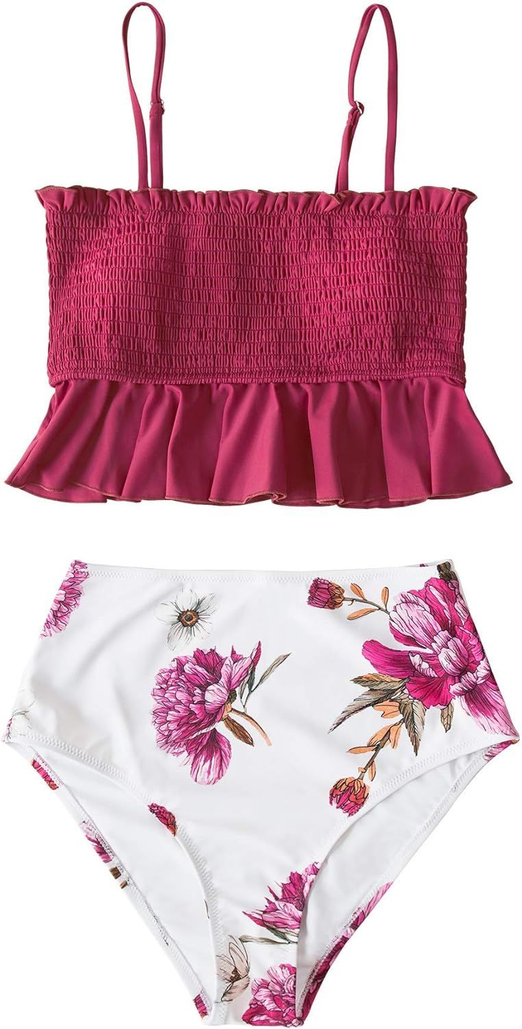 CUPSHE Women's High Waist Bikini Swimsuit Ruffle Smock Floral Print Two Piece Bathing Suit | Amazon (US)