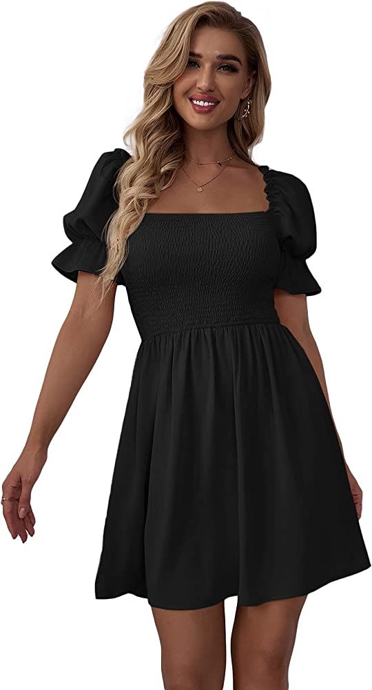 WDIRARA Women's Square Neck Flounce Short Sleeve Shirred Ruffle Hem Dress | Amazon (US)