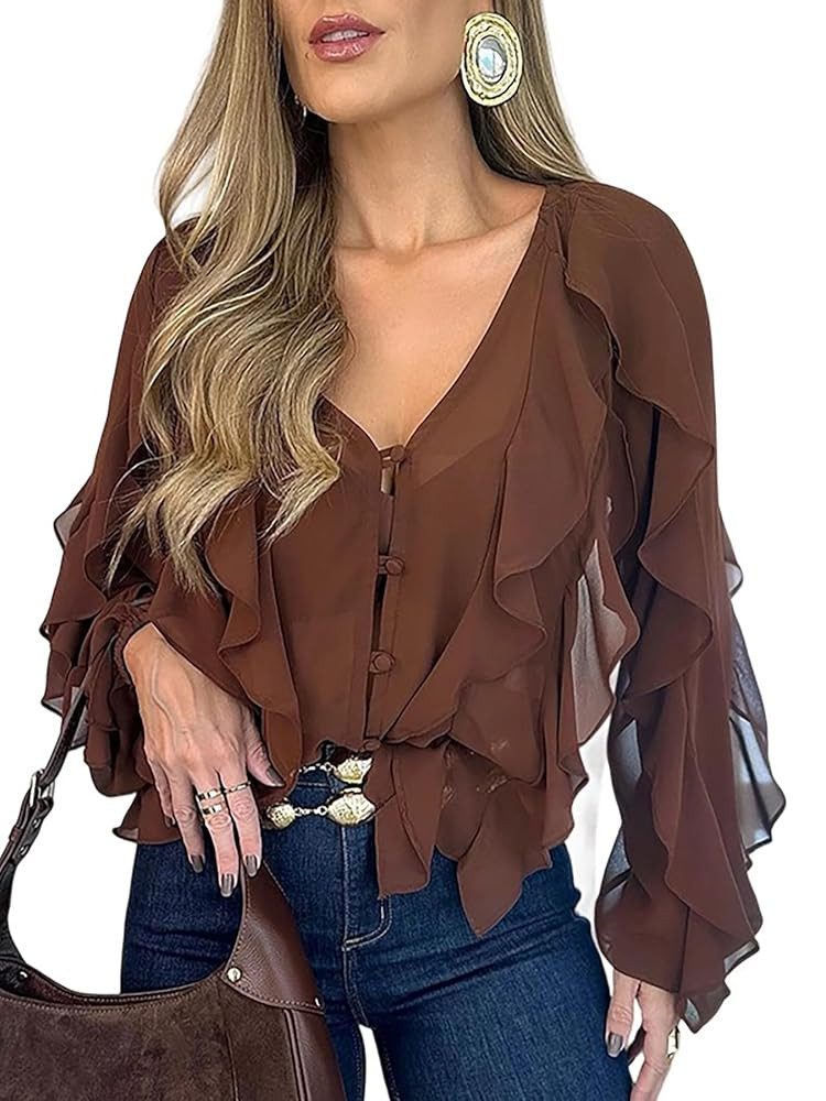 CHICME Women's V Neck Ruffle Blouses Button Down Semi-Sheer Dressy Casual Top Fashion Long Sleeve... | Amazon (US)