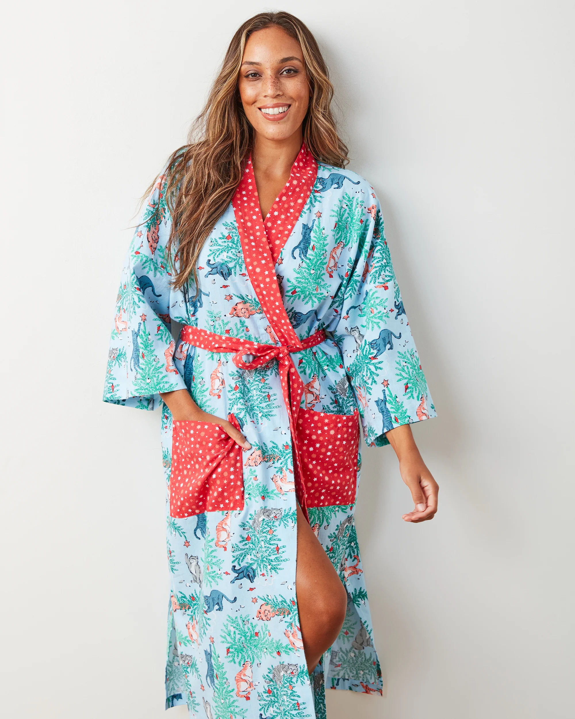 Frisky Firs - Lightweight Flannel Robe - Twinkling Blue | Printfresh