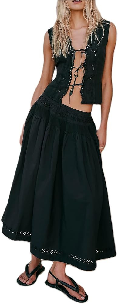 Yuemengxuan Maxi Skirt Sets for Women Y2k Summer Dresses Tie Front Tops and Long Skirts Cutout Be... | Amazon (US)