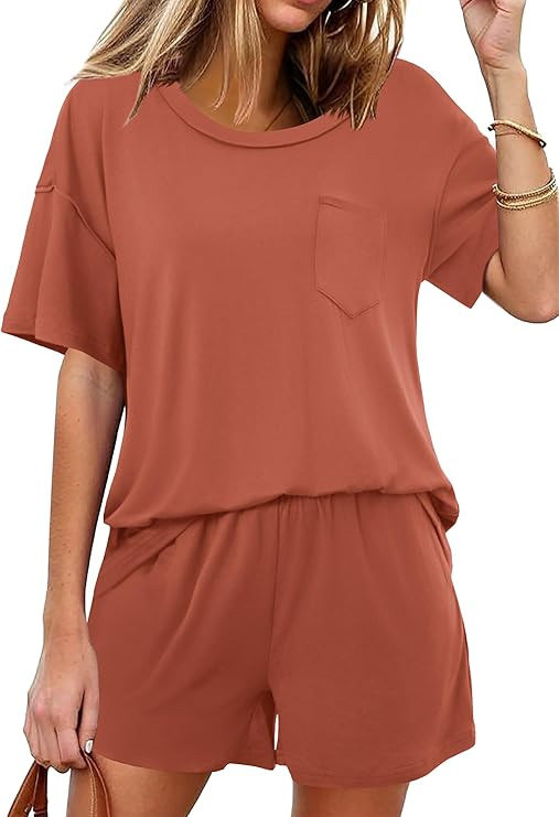 Ekouaer Women's 2 Piece Pajama Sets Short Sleeve Lounge Sets Soft Round Neck Top and Shorts Sleep... | Amazon (US)