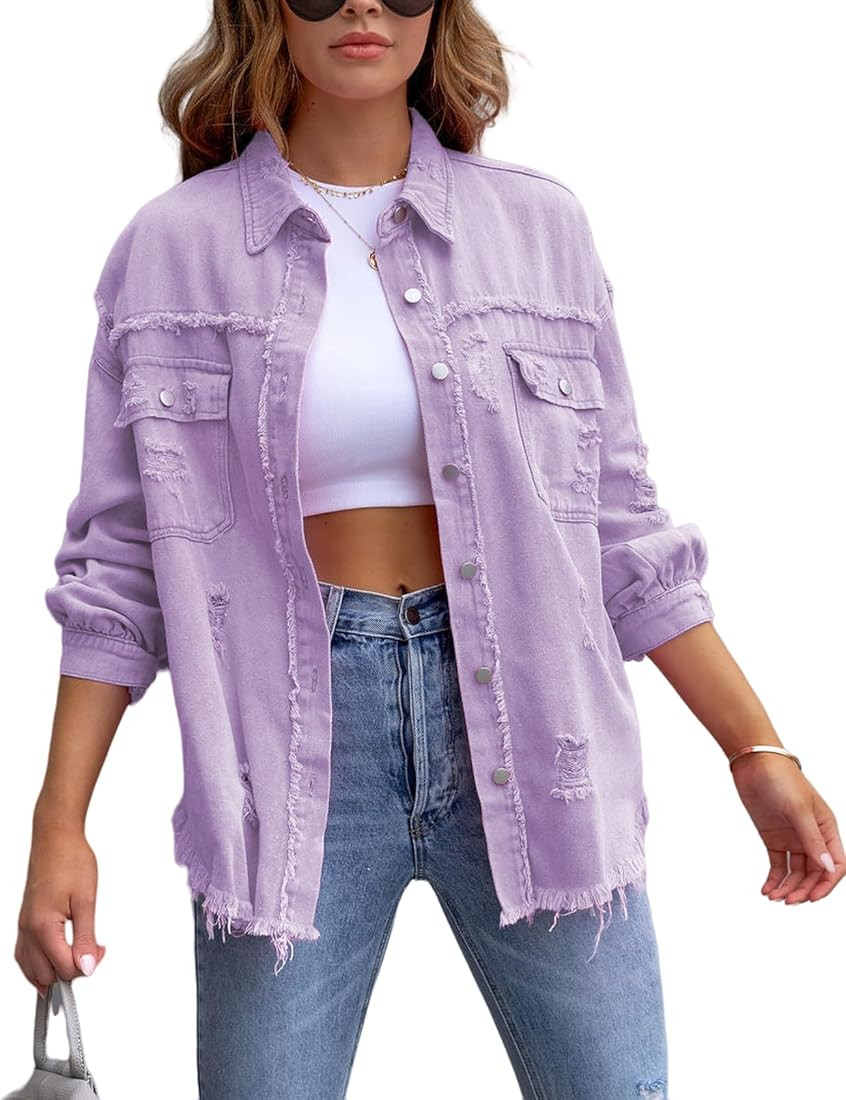 Perbai Womens Oversized Ripped Denim Jacket Frayed Hem Button Front Boyfriend Jean Coat Western S... | Amazon (US)