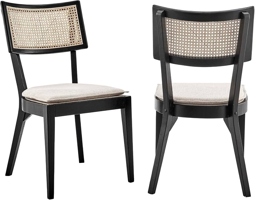 Modway Caledonia Wood Dining Chair with Cane Rattan in Black Beige - Set of 2 | Amazon (US)
