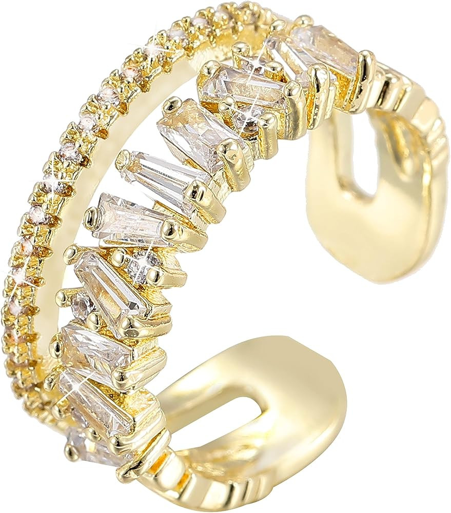 Adjustable 18k Gold Plated CZ Leaf Open Ring Dainty Double Cubic Zirconia Olive Branch Leaves Ban... | Amazon (US)