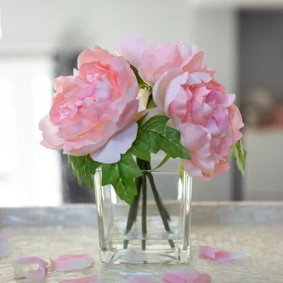 Silk Peonie Floral Arrangement and Centerpiece in Vase Flower Color: Pink | Wayfair North America