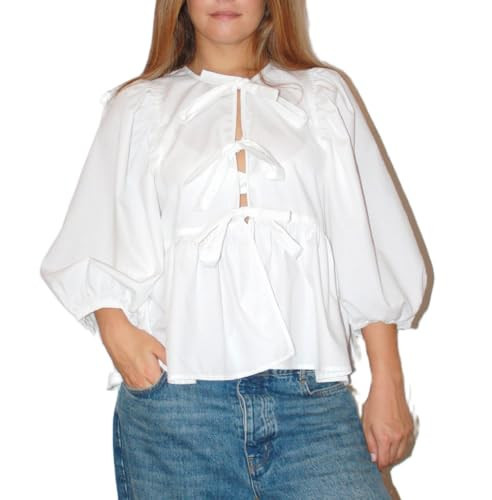 Women Short Puff Sleeve Babydoll Shirt Tie Front Reversible Peplum Blouse Tops Summer Ruffle Hem Y2k Tops(B White Tie 02,X-Large) | Amazon (US)