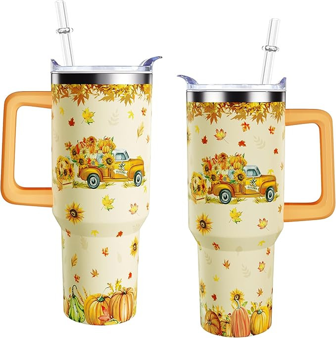 40 oz Fall Tumbler With Handle and Straw Lid 40oz Stainless Steel Insulated Thanksgiving Tumbler ... | Amazon (US)
